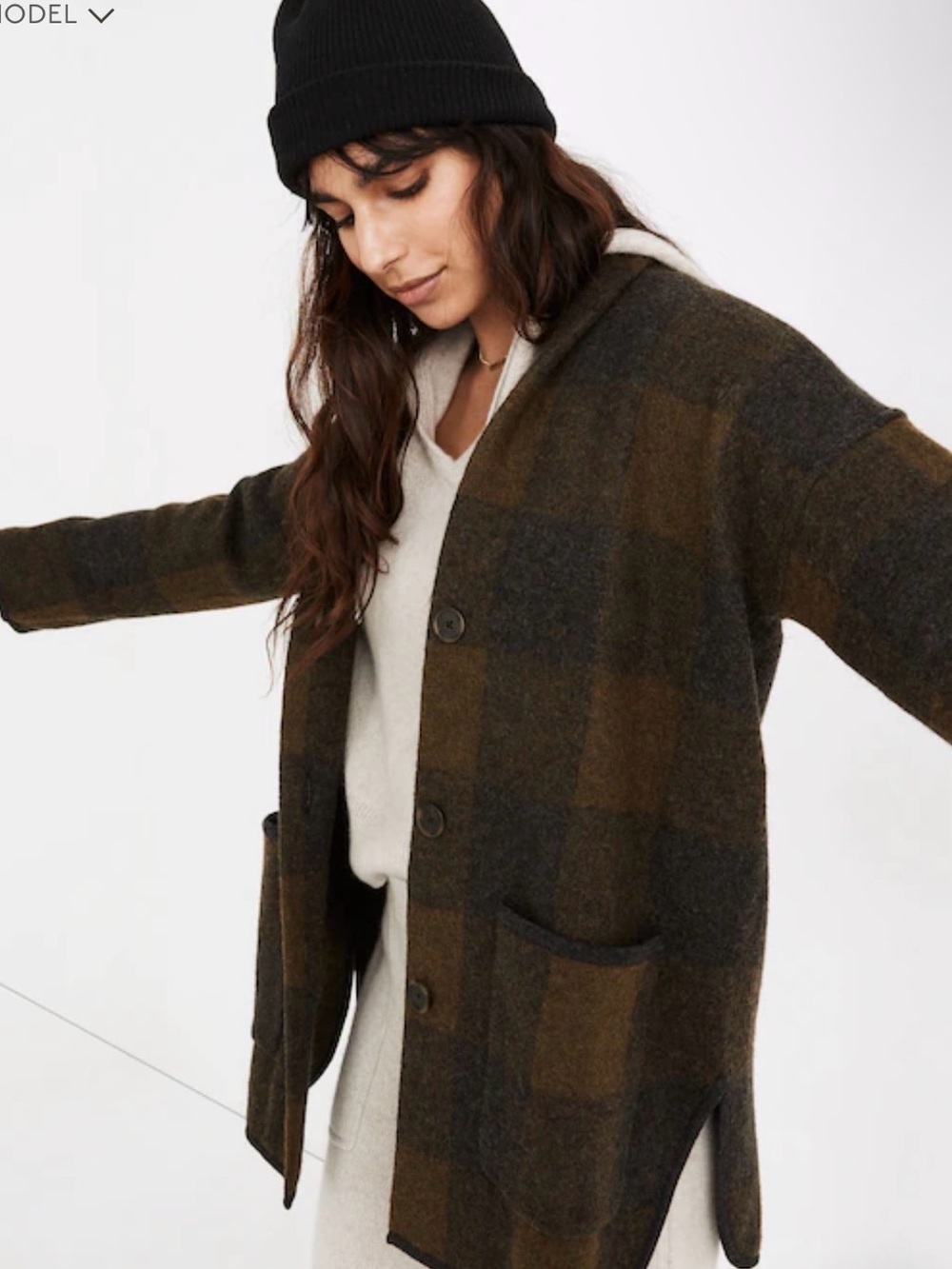 Madewell Olive and Brown Checked Wool Sweater Coat